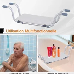 Siège de baignoire - siège de bain suspendu réglable - tabouret de salle de bain - dim. 71-81L x 22l x 18H cm - alu. HDPE blanc