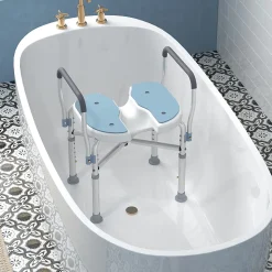 Siège de douche avec accoudoirs hauteur réglable antidérapant alu HDPE bleu balnc gris
