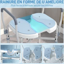 Siège de douche avec accoudoirs hauteur réglable antidérapant alu HDPE bleu balnc gris