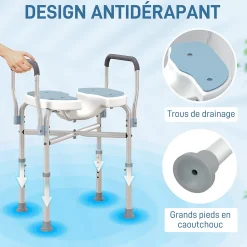 Siège de douche avec accoudoirs hauteur réglable antidérapant alu HDPE bleu balnc gris