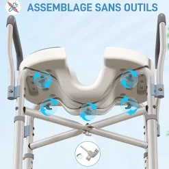 Siège de douche avec accoudoirs hauteur réglable antidérapant alu HDPE bleu balnc gris