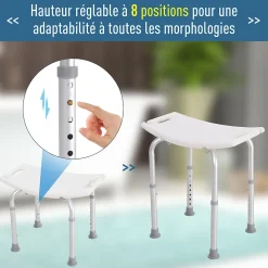 Siège de douche réglable en hauteur tabouret de douche ergonomique pieds antidérapants charge max. 136 Kg alu HDPE blanc