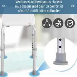 Siège de douche réglable en hauteur tabouret de douche ergonomique pieds antidérapants charge max. 136 Kg alu HDPE blanc