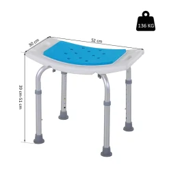 Siège de douche réglable en hauteur tabouret de douche ergonomique pieds antidérapants charge max. 135 Kg alu HDPE blanc bleu