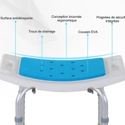 Siège de douche réglable en hauteur tabouret de douche ergonomique pieds antidérapants charge max. 135 Kg alu HDPE blanc bleu