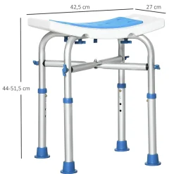 Siège de douche réglable en hauteur tabouret de douche ergonomique pieds antidérapants charge max. 150 Kg alu HDPE blanc bleu