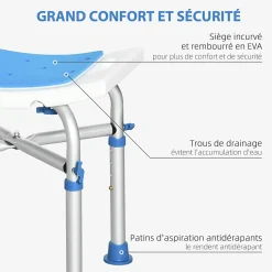 Siège de douche réglable en hauteur tabouret de douche ergonomique pieds antidérapants charge max. 150 Kg alu HDPE blanc bleu