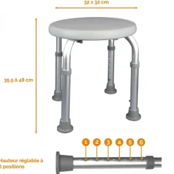 Siège, tabouret de douche rond réglable en hauteur - Blanc - Vivezen