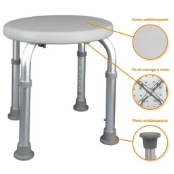 Siège, tabouret de douche rond réglable en hauteur - Blanc - Vivezen