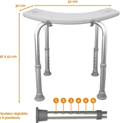 Siège, tabouret de douche rectangle réglable en hauteur - Blanc - Vivezen