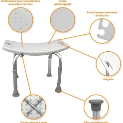 Siège, tabouret de douche rectangle réglable en hauteur - Blanc - Vivezen