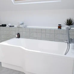 Siko 160x80 cm Beata Plus baignoire bain/douche asymétrique en acrylique, droite + tablier 160 cm + pieds, blanc