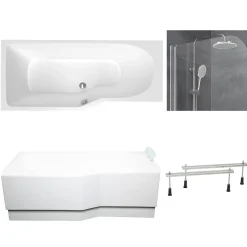 Siko 160x80 cm Beata Plus baignoire asymétrique en acrylique, gauche + tablier + pare-baignoire, pieds, blanc (BE1600LPLUS-SETP1)