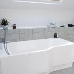 Siko 160x80 cm Beata Plus baignoire bain/douche asymétrique en acrylique, gauche + tablier 160 cm + pieds, blanc