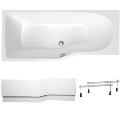 Siko 160x80 cm Beata Plus baignoire bain/douche asymétrique en acrylique, gauche + tablier 160 cm + pieds, blanc