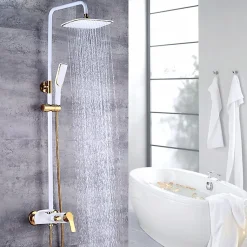 Silla Élégant Colonne de Douche avec Mitigeur Réglable en Hauteur Système de Douche, Blanc / Doré