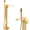 Silla élégant Robinet de Baignoire sur pied avec inverseur et bec rotatif avec douchette et flexible, Doré