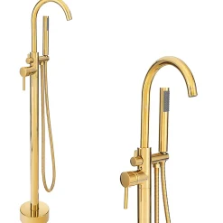 Silla élégant Robinet de Baignoire sur pied avec inverseur et bec rotatif avec douchette et flexible, Doré
