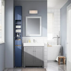 SoBuy Armoire Salle de Bain en MDF Bleue avec Tiroir et Étagères Réglables