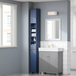 SoBuy Armoire Salle de Bain en MDF Bleue avec Tiroir et Étagères Réglables
