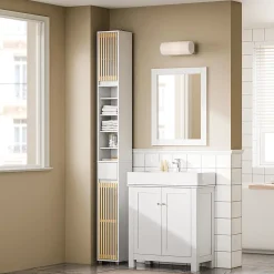 SoBuy Colonne d'Armoire pour Salle de Bain avec 6 Étagères Réglables, Blanche, 20x20x180 cm, BZR34-BW