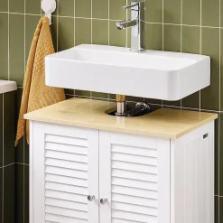 SoBuy Meuble Lavabo Salle de Bain 2 Portes 2 Étages Blanc en Bois Naturel