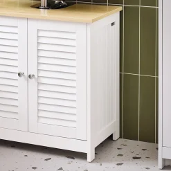 SoBuy Meuble Lavabo Salle de Bain 2 Portes 2 Étages Blanc en Bois Naturel