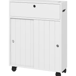 Support papier toilette sur roulettes - armoire papier toilette - 2 portes coulissantes, étagère, 2 compartiments fermés - blanc