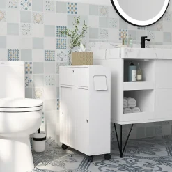 Support papier toilette sur roulettes - armoire papier toilette - 2 portes coulissantes, étagère, 2 compartiments fermés - blanc