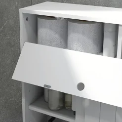Support papier toilette sur roulettes - armoire papier toilette - 2 portes coulissantes, étagère, 2 compartiments fermés - blanc