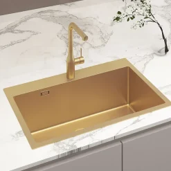 Swiss Aqua Technologies Aurum Évier de cuisine encastrable inox 304, 1 bac , 68x45x21 cm, Or brossé PVD