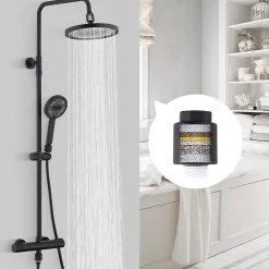 Système de Douche avec Filtre et Thermostat Noir avec Douchette à Main à 3 Types de Jets et Douche de Tête de 25 cm