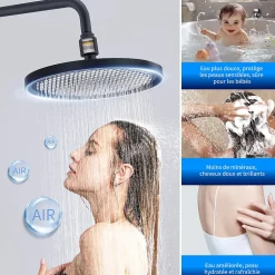 Système de Douche avec Filtre et Thermostat Noir avec Douchette à Main à 3 Types de Jets et Douche de Tête de 25 cm