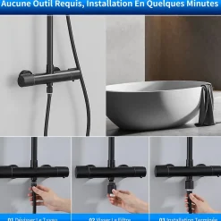 Système de Douche avec Filtre et Thermostat Noir avec Douchette à Main à 3 Types de Jets et Douche de Tête de 25 cm