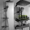 Système de Douche avec Thermostat et Tablette de Douche Noir - Ensemble Complet de Robinetterie de Douche