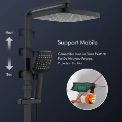 Système de Douche avec Thermostat et Tablette de Douche Noir - Ensemble Complet de Robinetterie de Douche