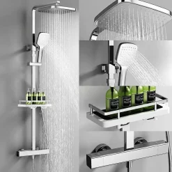 Système de Douche avec Thermostat et Tablette de Douche Chromée, Ensemble Complet de Robinetterie de Douche