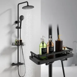 Système de Douche avec Thermostat et Tablette de Douche Ensemble de Douche Complet Noir avec Pomme de Douche Ronde Effet Pluie