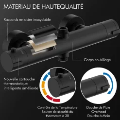 Système de Douche avec Thermostat et Tablette de Douche Ensemble de Douche Complet Noir avec Pomme de Douche Ronde Effet Pluie