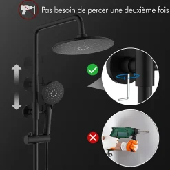 Système de Douche avec Thermostat et Tablette de Douche Ensemble de Douche Complet Noir avec Pomme de Douche Ronde Effet Pluie