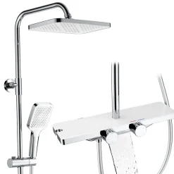 Système de douche avec thermostat et tablette en verre chromé Ensemble de douche complet avec douchette à main
