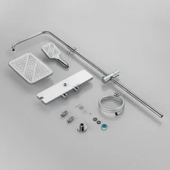 Système de douche avec thermostat et tablette en verre chromé Ensemble de douche complet avec douchette à main