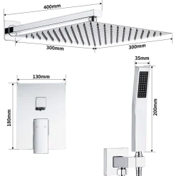 Système de Douche Encastré avec Mitigeur Mécanique Effet Pluie Ciel de Pluie Carré 300 mm Inox Chromé pour Salle de Bain