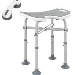 Tabouret de douche - siège de douche avec barre d'appui ventouse - hauteur réglable - alu HDPE gris blanc