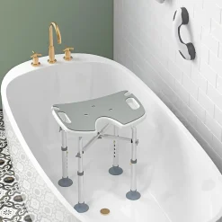 Tabouret de douche - siège de douche avec barre d'appui ventouse - hauteur réglable - alu HDPE gris blanc