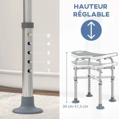 Tabouret de douche - siège de douche avec barre d'appui ventouse - hauteur réglable - alu HDPE gris blanc