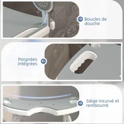 Tabouret de douche - siège de douche avec barre d'appui ventouse - hauteur réglable - alu HDPE gris blanc