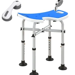 Tabouret de douche - siège de douche avec barre d'appui ventouse - hauteur réglable - alu HDPE bleu blanc