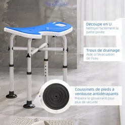 Tabouret de douche - siège de douche avec barre d'appui ventouse - hauteur réglable - alu HDPE bleu blanc