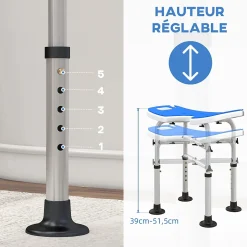 Tabouret de douche - siège de douche avec barre d'appui ventouse - hauteur réglable - alu HDPE bleu blanc
